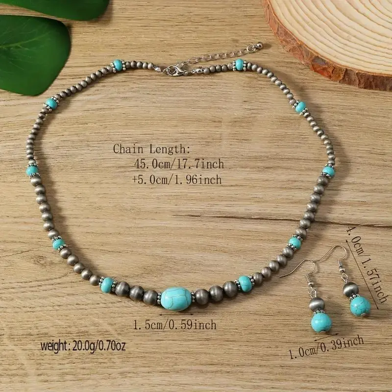 Boho Style Turquoise Decor Beaded Necklace & Dangle Earrings, Vintage Trendy Jewelry Set, Fashion Accessories for Women