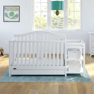 4-in-1 Convertible Pine Wood Crib and Changer Combo, Featuring Drawer, Adjustable Base, Safety Strap, Universal Fit (White)