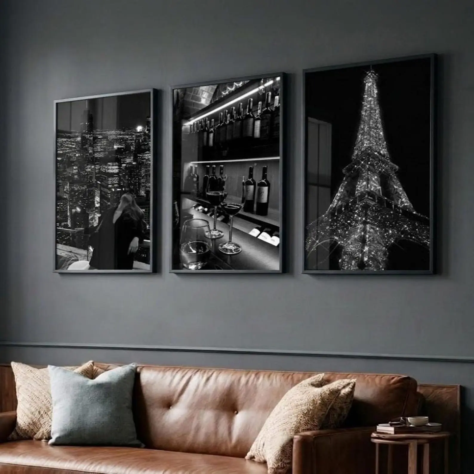 Set of 3 Black and White Prints, Eiffel Tower Night Poster, Wine Bar Wall Art, City Rooftop Print, Dark Paris Decor, Luxury Living Room