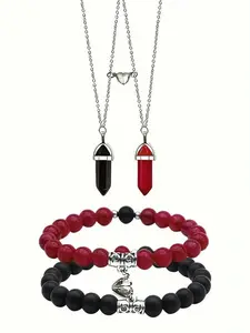 Natural Crystal Stone Bracelet & Necklace Pendant Jewelry Set, Couple Bracelet Necklace Jewelry, Magnetic Love Bracelet Hexagonal Column Necklace, Jewelry Gift for Lovers