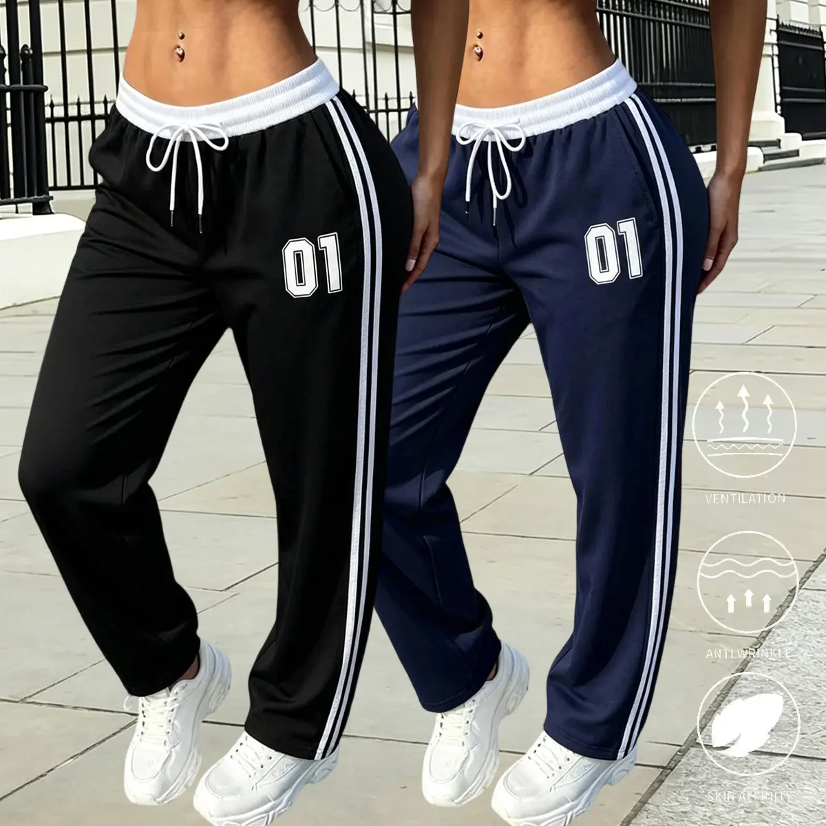Women’s summer outdoor fashion pants with side stripes-sporty long that are lightweight, breathable, and casual wide-leg trousers, suitable for everyday wear in running workouts, hiking trips. chic look relaxed fit viral