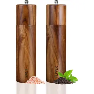 2 Pack 8 Inches Refillable Acacia Wooden Salt and Pepper Grinder Set Adjustable Coarseness Ceramic Core Peppercorn Shaker Tableware Birthday Gifts