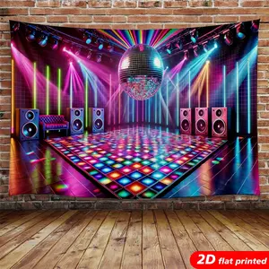 2D Flat Printed Polyester Disco Ball Dance Floor Tapestry Wall Hanging - Neon Light Music Stage Design, Retro Backdrop for Party, Bedroom, Aesthetic Home Decor, Photo Prop, Ideal Gift