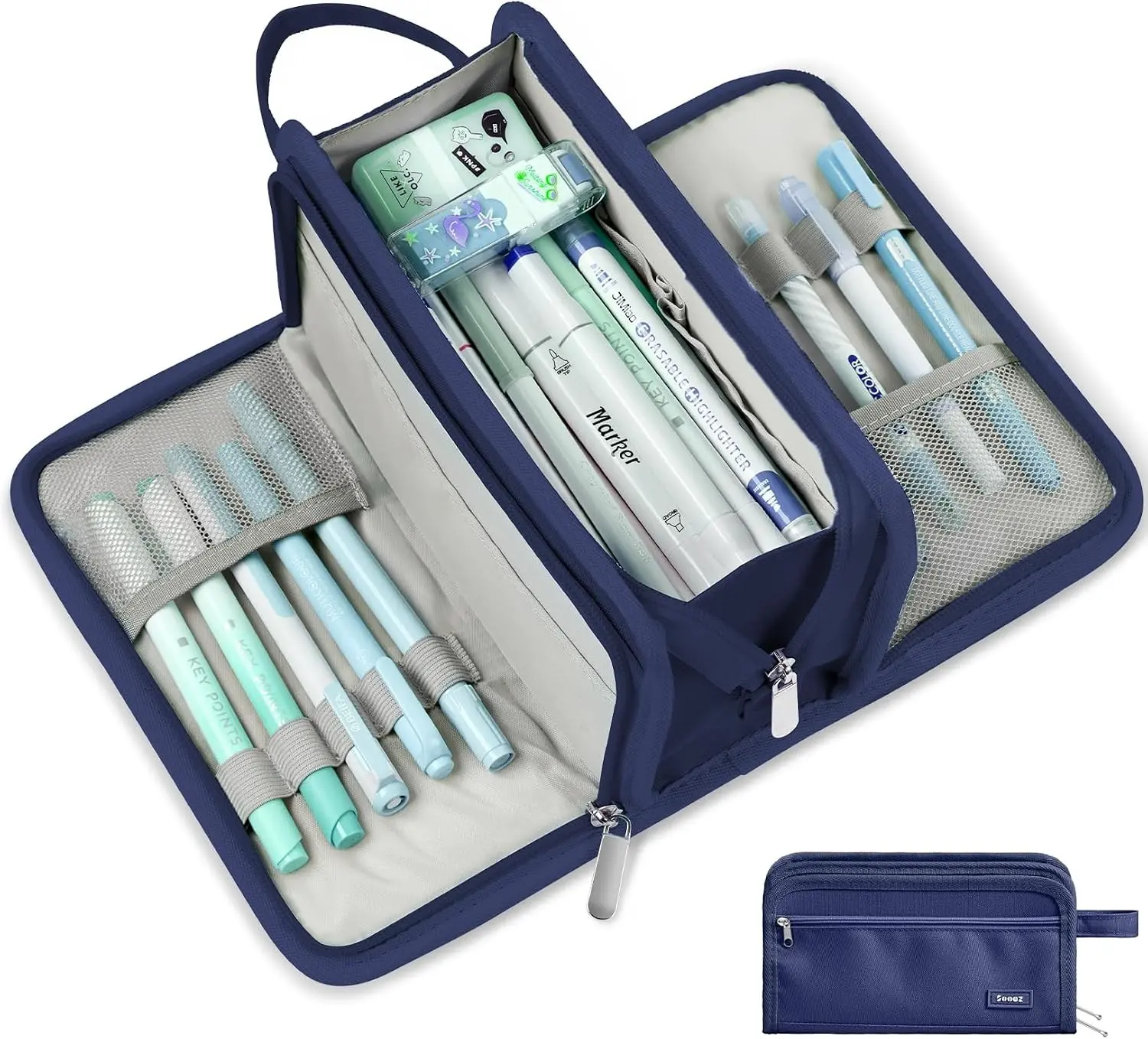 Sooez Large Pencil Case, Big Capacity Pencil Pouch Pen Bag with 3 Compartment, Portable Canvas Stationery Organizer with Zipper, Cute Aesthetic School Supplies for Teen Girls Boy College, Navy Blue Gift