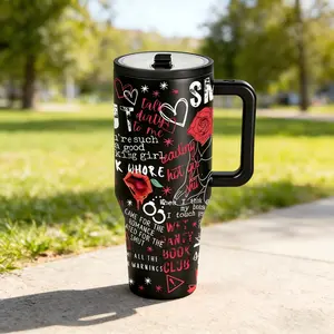 AuraCup 1pc 40oz Insulated Tumbler with Handle, Artistic Illustration Pattern Stainless Steel Travel Cup, Coffee Mug for Women, Vacuum Insulated Tumbler with Lid and Straw, Keeps Cold 12 Hours Hot 6 Hours, Daily Use Gift, Flasks