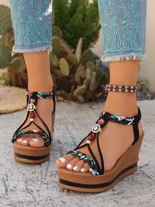Boho Style Colorful Braided Heeled Sandals for Women, Rhinestone Beaded Decoration Thick Sole Platform Shoes, Thin Strap Buckle Toe-Open High Heels