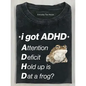 Men'S ADHD Awareness Frog T-Shirt | "I Have ADHD" Slogan, 230g Heavy Loose Casual Style, Brown and White Print
