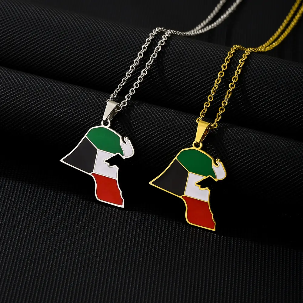 Kuwait Map Flag Pendant Necklace, Dripping Oil Retro Stainless Steel Sweater Chain Jewelry Accessory for Men and Women