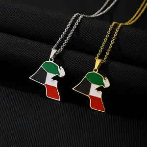 Kuwait map flag pendant necklace dripping oil retro men's and women's stainless steel sweater chain accessories