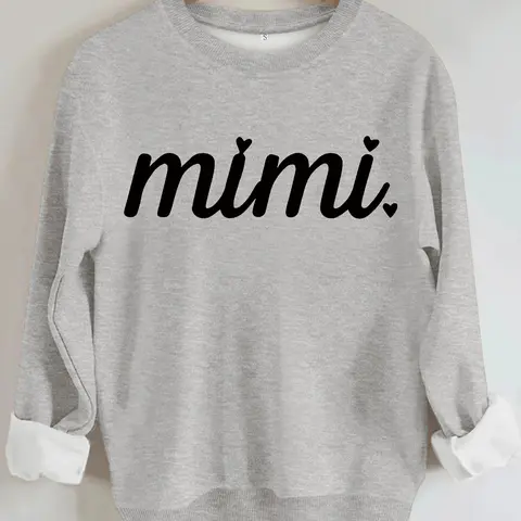 Women's Casual Mimi Heart Pattern Pullover Sweater, Soft Long Sleeve Round Neck Sweatshirt, Comfortable Daily Wear