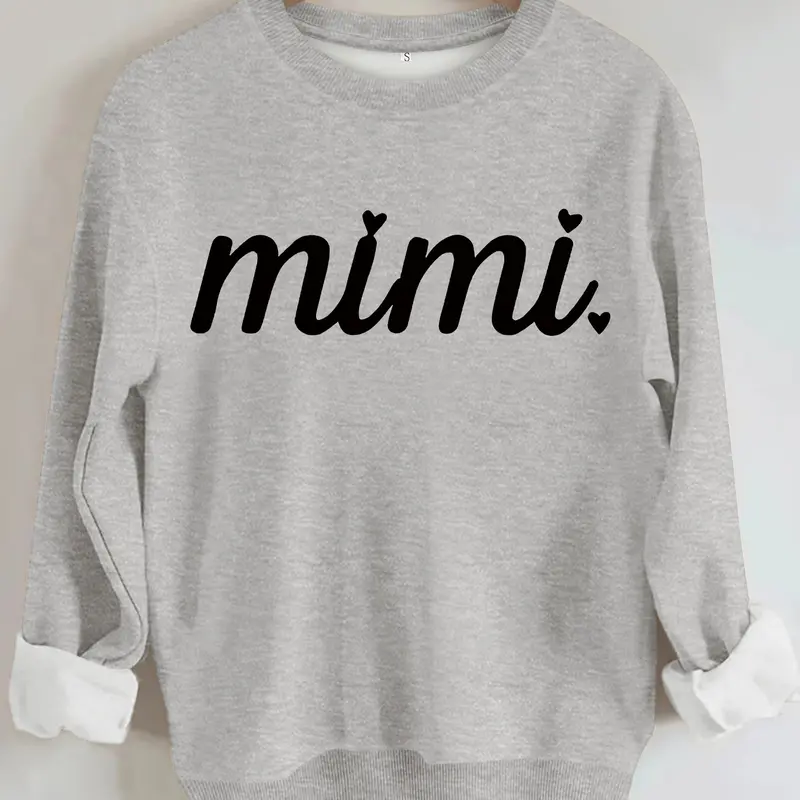 Women's Casual Mimi Heart Pattern Pullover Sweater, Soft Long Sleeve Round Neck Sweatshirt, Comfortable Daily Wear