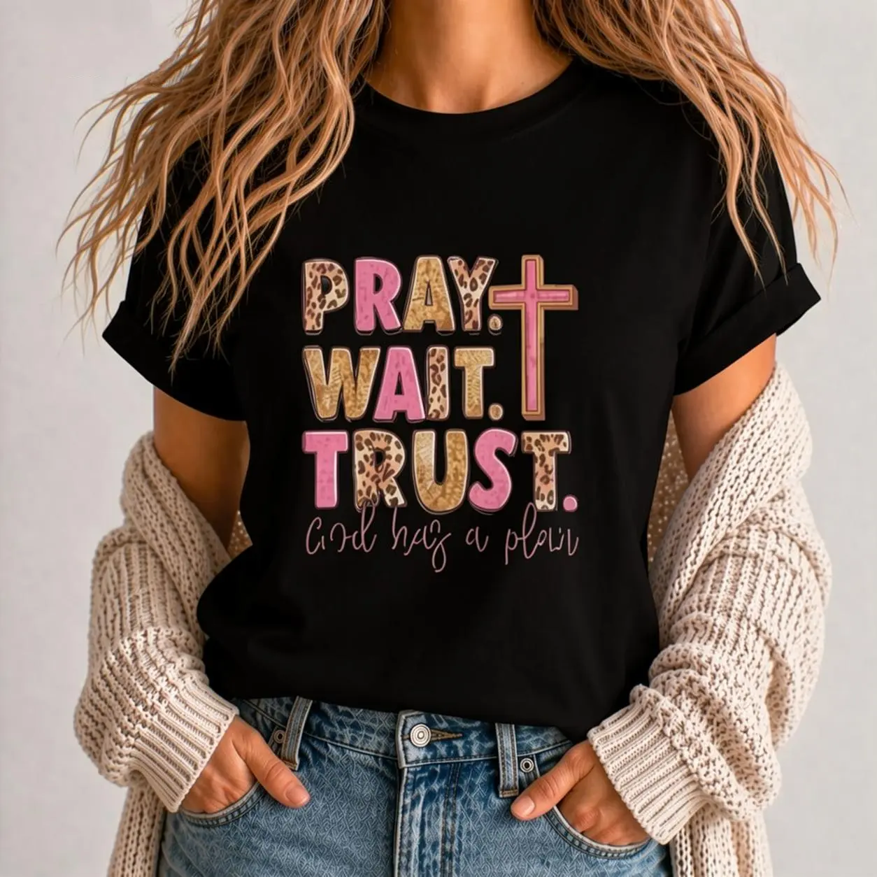 Faith Based Jesus T-Shirt - Pray Wait Trust God Has a Plan Aesthetic Faith Tee for Women clothes summer tops holiday