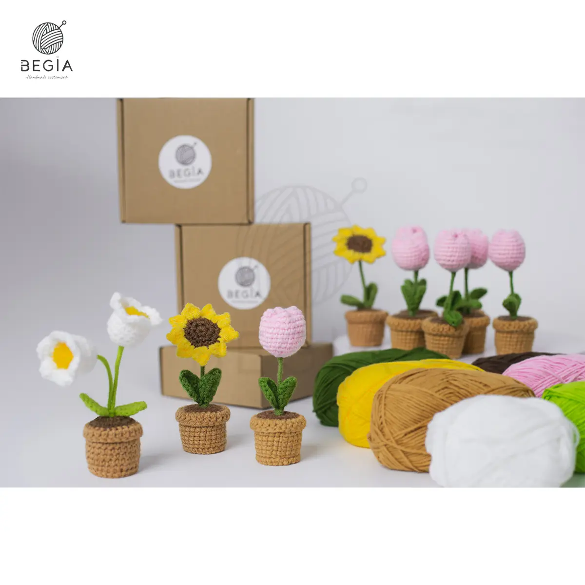 Handmade Crochet Sunflower & Tulip Bouquet – Flowerpots for 2025 NEW ornament Graduation, Gifts Fruit Plants Decoration Floral Colorful