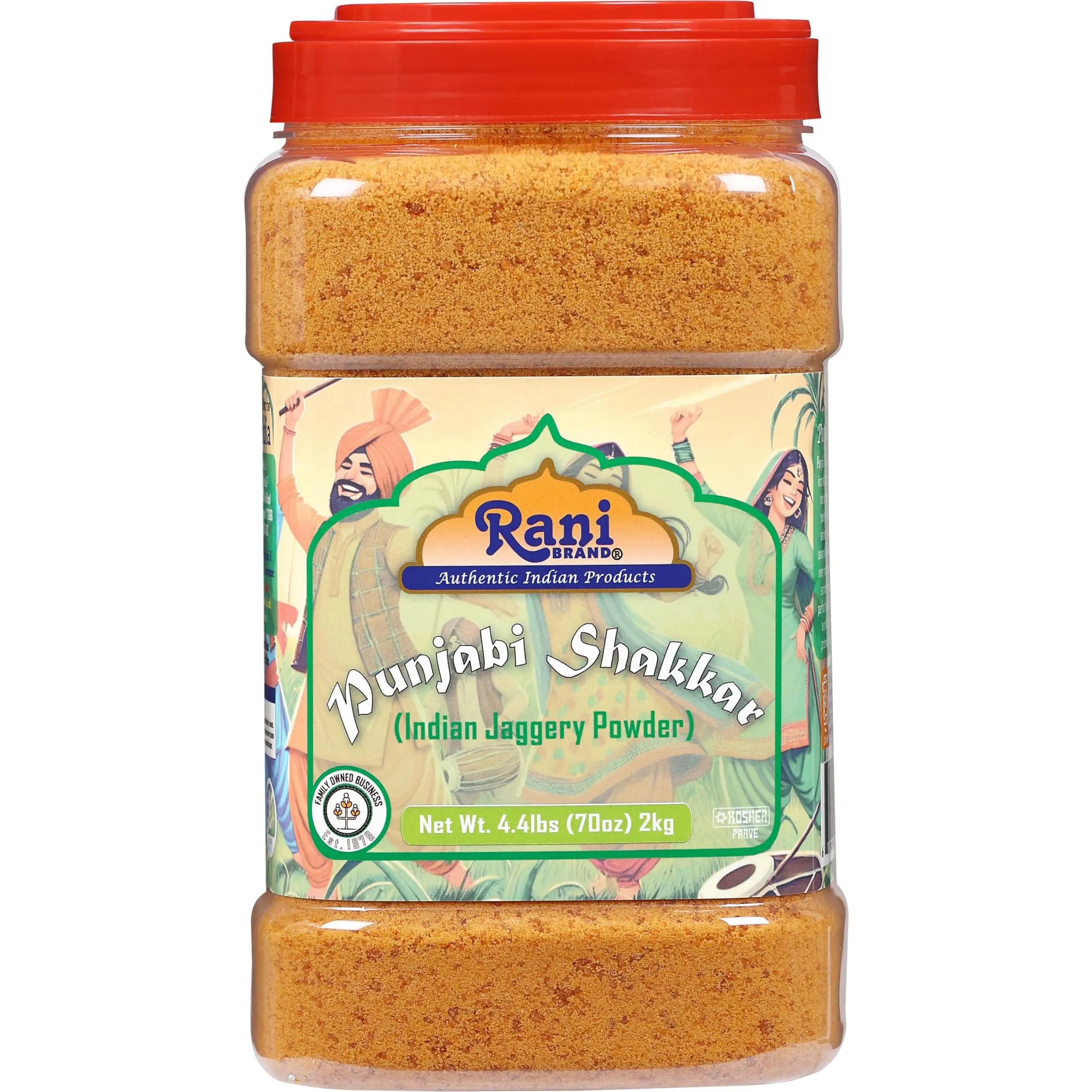 Rani Punjabi Shakkar (Gur Jaggery Powder) Indian Unrefined Raw Cane Sugar 70oz (4.4lbs) 2kg PET Jar ~ Gluten Friendly | Vegan | NON-GMO | Kosher | No Salt or fillers | Indian Product