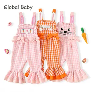 Global Baby  Toddler Girl Easter Overalls Plaid Floral Bow Cross Embroidered Sleeveless Flare Pants Jumpsuit for Summer Spring ﻿Little Girls Easter Overalls Adorable Bunny Carrot