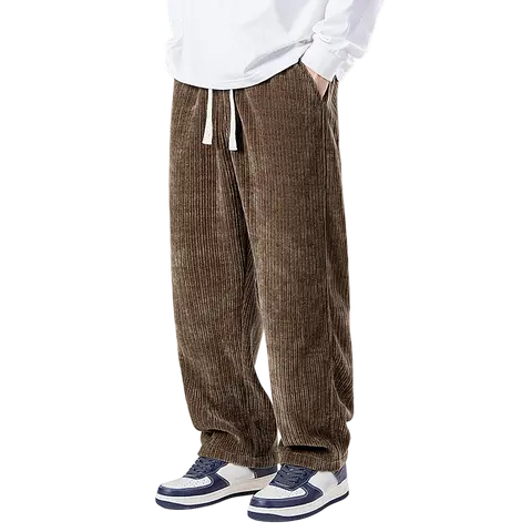 Men's Chenille Vertical Rib Full-Length Mid-Waist Straight Casual Athletic Trousers - Plain Look, Elastic Waist with White Drawstring, Loose Streetwear Bottoms for Spring, Autumn Daily Wear