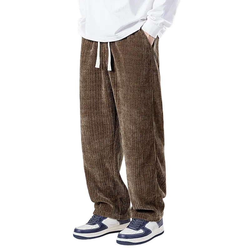 Men's Chenille Vertical Rib Full Length Wide Leg Straight Pants - Plain Clothes with White Drawstring Elastic Mid Waist, Loose Casual Streetwear Bottoms for Spring Autumn Daily Wear, Soft Textured Trousers