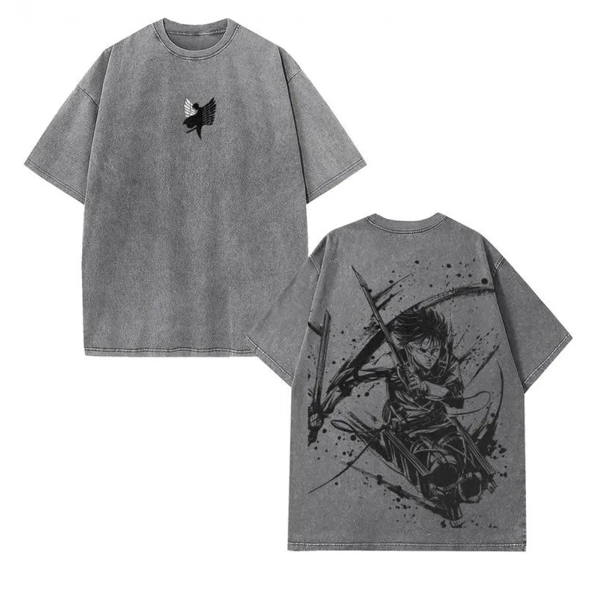 Men's Classic Attack On Titan AOT Levi Ackerman Oversized 2-Sided Graphic Menswear T-Shirt - Acid Washed Sustainable US Cotton Short-Sleeve, Soft Streetwear, Breathable Seamless Vintage Apparel