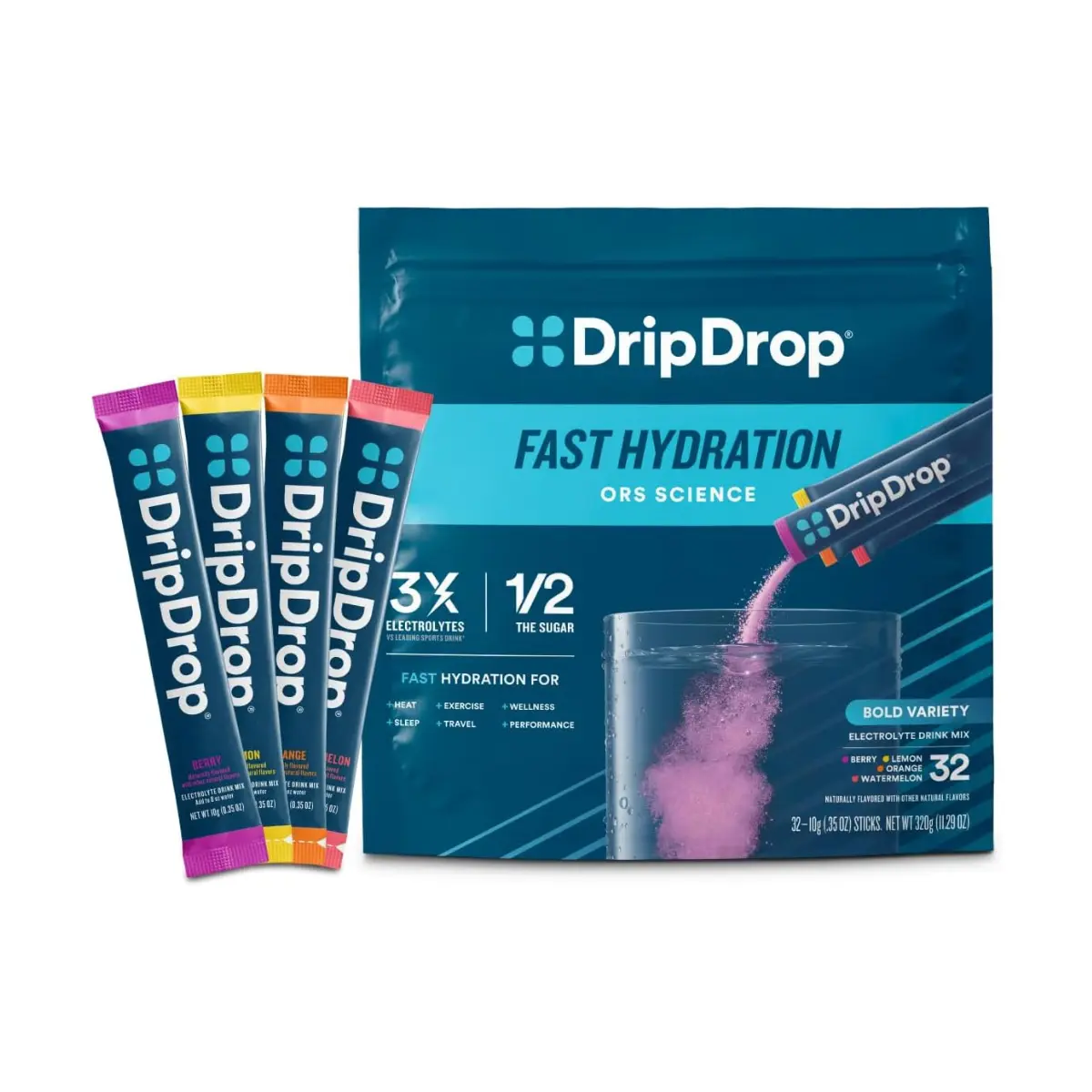 DripDrop Hydration Bold Variety Pack Electrolyte Drink Mix, 32 Single-Serve Powder Packets - Watermelon, Berry, Lemon, Orange Flavors; 3X Electrolytes, Vitamin C, Magnesium, Potassium, Zinc