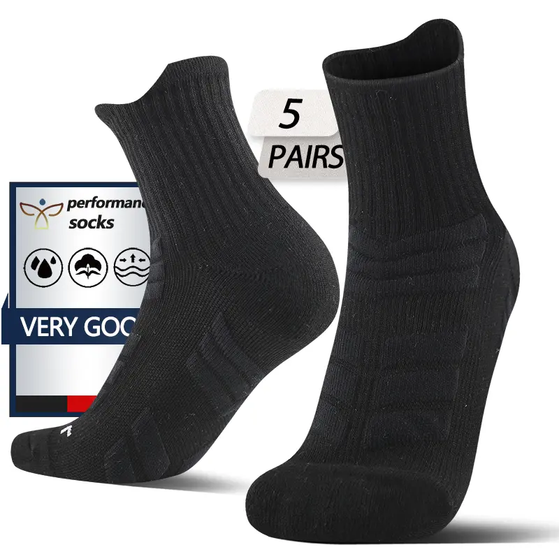 Men’s sports socks, 5-pack, cotton material, mid-calf design, thickened cushioning, breathable, anti-slip full toe protection sleeves, durable, machine washable, keeps feet dry, soft and comfortable athletic socks suitable for running, all-season wear, st