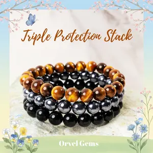Triple Protection Bracelet Set – 8mm Tiger’s Eye, Obsidian, Amethyst, Apatite, Rose Quartz & Hematite | Unisex Healing Gift Crystal Jewelry Emotional Balance