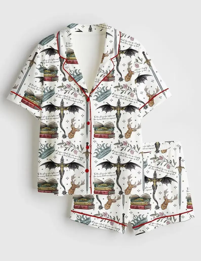Women Satin Pajama Set Fantasy Book Dragon Sword Crown Print Loose Comfy 2PC Shorts Sleep Set BookTok Gift Summer Lounge Outfit Night Casual Homewear