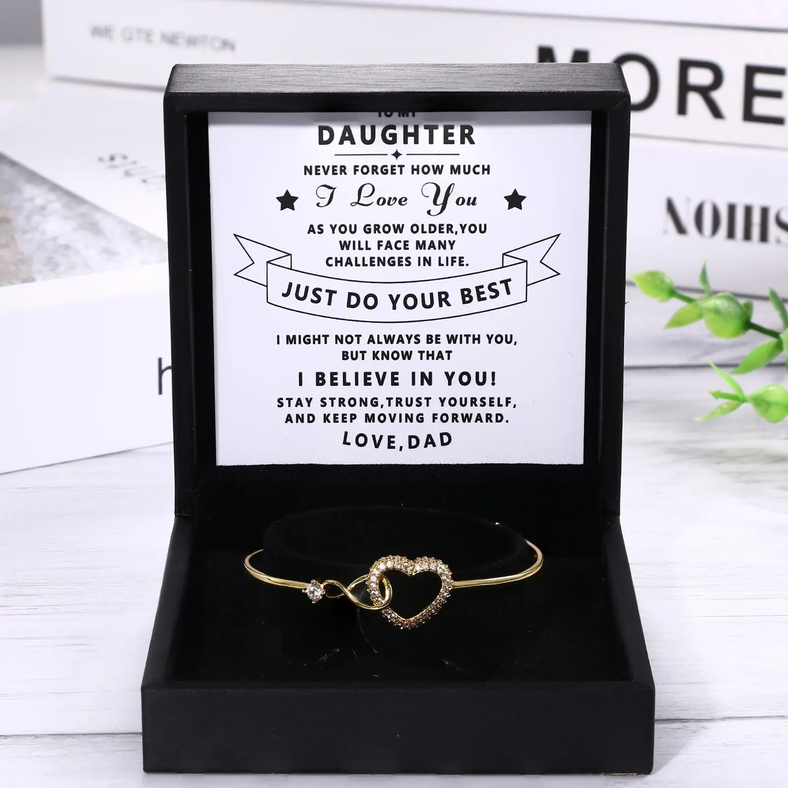 Dad’s Engraved Gold Heart Infinity Bracelet for Daughter - 14cm, Crystal Accents, Engravable, Loving Message, Personalized Engraving Jewelry Gift, Engravable Bracelets & Bangles, Loving Message Bracelets & Bangles