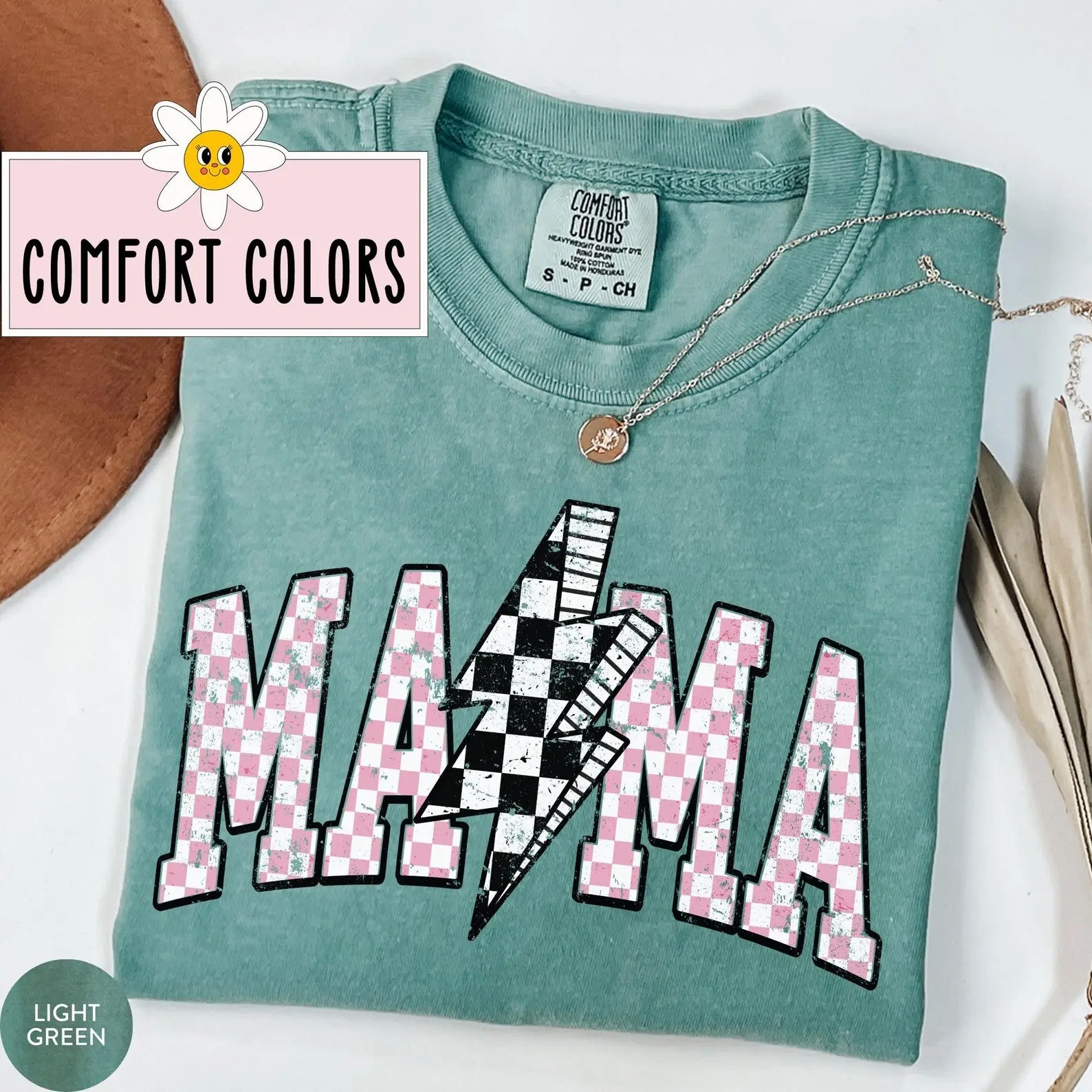 Lightning Bolt Mama Shirt Retro Checkered Mama T Shirt Comfort Colors Mama T-Shirt Mother's Day Presents for Mom Gift Homeschool Mom Shirt