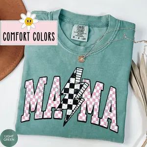 Lightning Bolt Mama Shirt Retro Checkered Mama T Shirt Comfort Colors Mama T-Shirt Mother's Day Presents for Mom Gift Homeschool Mom Shirt