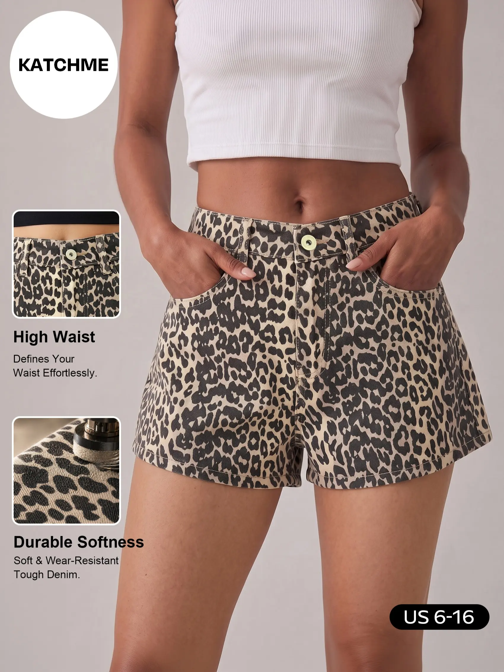 Katch Me Chic Women's Blod Leopard Print High Waist Denim Shorts, Vintage Multi-Pocket Women's Bottom for Daily Wear, Durable Street Style Wrinkle-Resistant Jeans