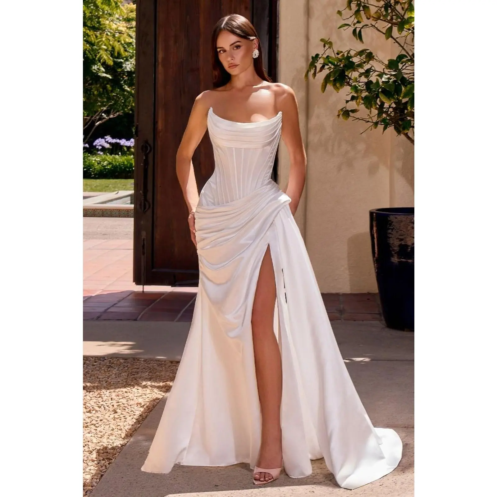 Ladivine CD636W Women's Formal Bridal Strapless Wedding Dress - Adjustable Corset Back, Sheer Bodice, Fitted Beading, Exposed Boning, Floor-Length Skirt, Premium Fabric Gown