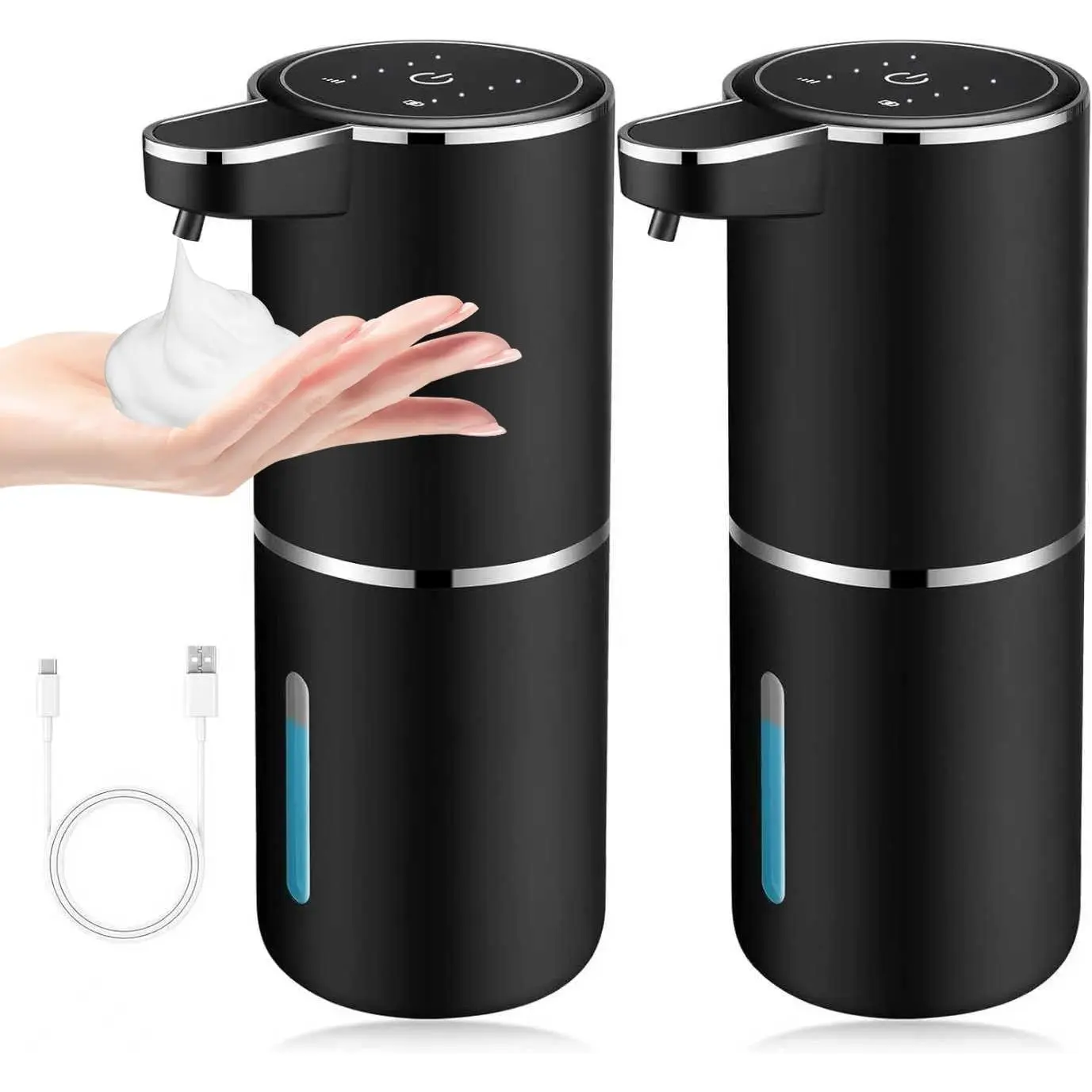 2-Pack Automatic Foaming Hand Soap Dispensers - 12.8oz/380ml Rechargeable Touchless USB Wall-Mount Smart Unit for Bathroom, Kitchen Dish Use (Black)
