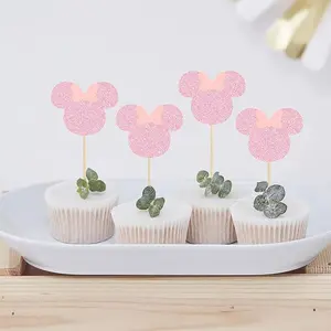 36 Pack Mouse Inspired Cupcake Toppers with Pink Bow Pink Glitter Mini Cupcake Picks Decorations for Baby Shower Wedding Kids Birthday Party Supplies