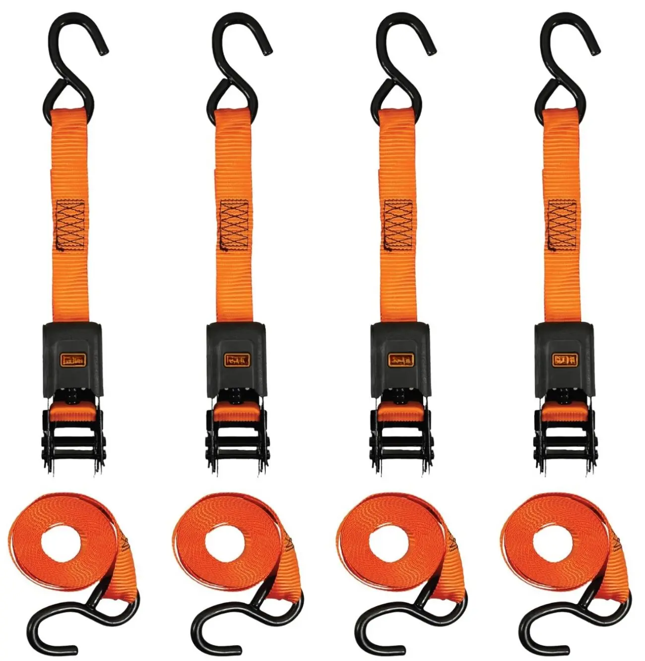 4 Pack Ratchet Tie Down Straps with Padded Handles, 1500 lb Break Strength for Securing Cargo, Black/Orange 1" x 12', Weather Resistant Webbing