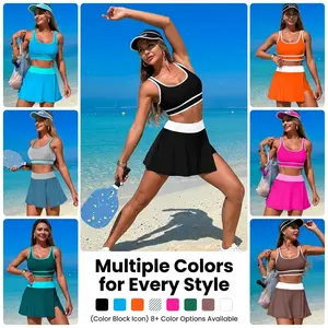 Women's High Waisted 2 Piece Athletic Tankini Swimsuit | Color Block Sports Bra Top with Skort Bottom, Quick Dry Stretchy Sporty Swimsuit for Pickleball, Tennis & Beach