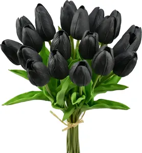 Black Artificial Tulips Flowers Centerpiece, 13.5" Lifelike PU Fake Floral Stems 20pcs for Kitchen Island & Dining Table, Spring Decor for Easter