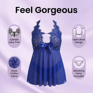 Plus Size Royal Blue Lace Halter Babydoll Lingerie Set Sheer Mesh Nightgown with Bow Accent Sexy Romantic Intimate Wear for Cozy Occasions