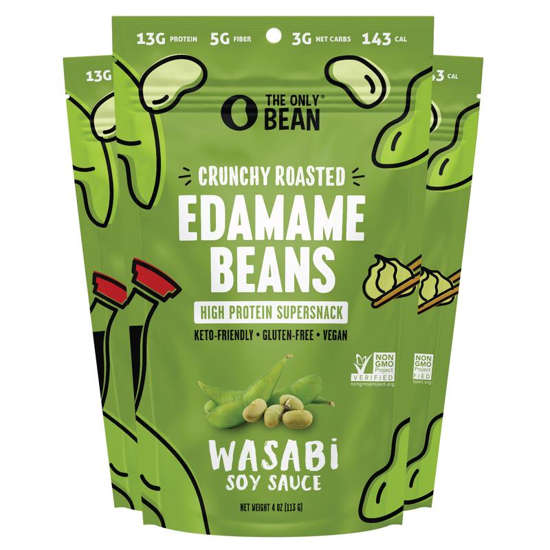 The Only Bean - Crunchy Roasted Edamame Beans (Wasabi Soy Sauce) - Keto Snack, High Protein, Healthy Snacks, Low Carb, High Fiber, Gluten-Free & Vegan (4.0oz) (3 Pack)