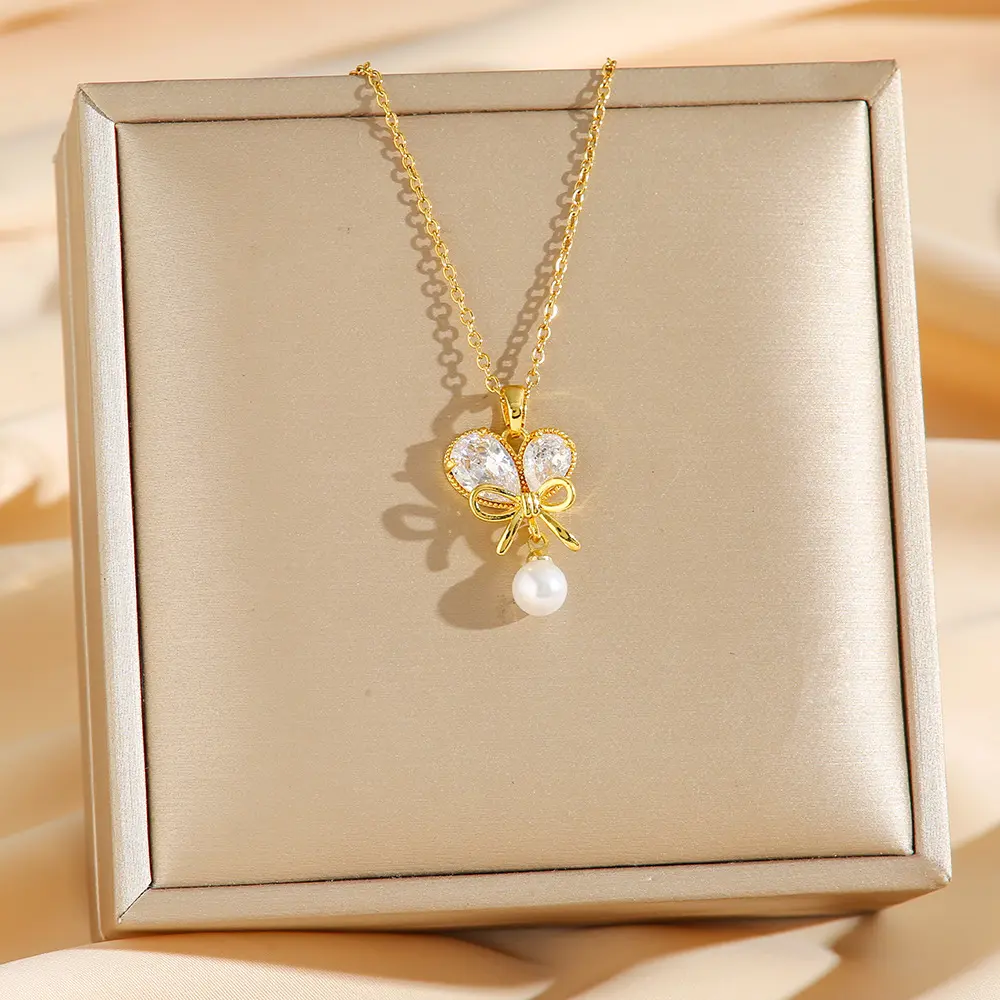 VALLIA Coquette Bow Heart Necklace - 14K Gold Plated Zircon & Pearl Pendant, Hypoallergenic Waterproof Costume Jewelry for Sweet Girls