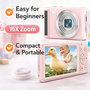 Digital Camera with HD Video, Point & Shoot Camera with 16X Zoom and Anti-Shake, Compact Portable Camera for Beginners & Teens, Easy to Use, Lightweight Design, Holiday Gift Camera in Pink