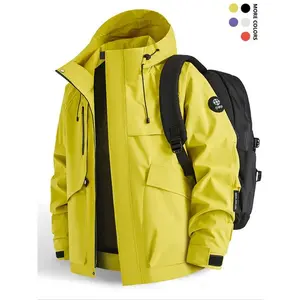 Men's Outdoor Waterproof Lightweight Windproof Jacket, Full Zip Design Large Pockets, Hooded Polyester Fabric for Fall & Winter, Zippered Jacket