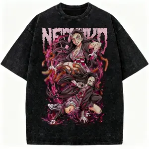 Demon Slayer Kimetsu No Yaiba Nezuko Kamado Graphic T Shirt Acid Wash Oversized Vintage Heavyweight Tee Awakened Form Anime Streetwear Gym Pump Cover Japanese Manga Dark Aesthetic Y2K Grunge Casual Top Men Women Fits