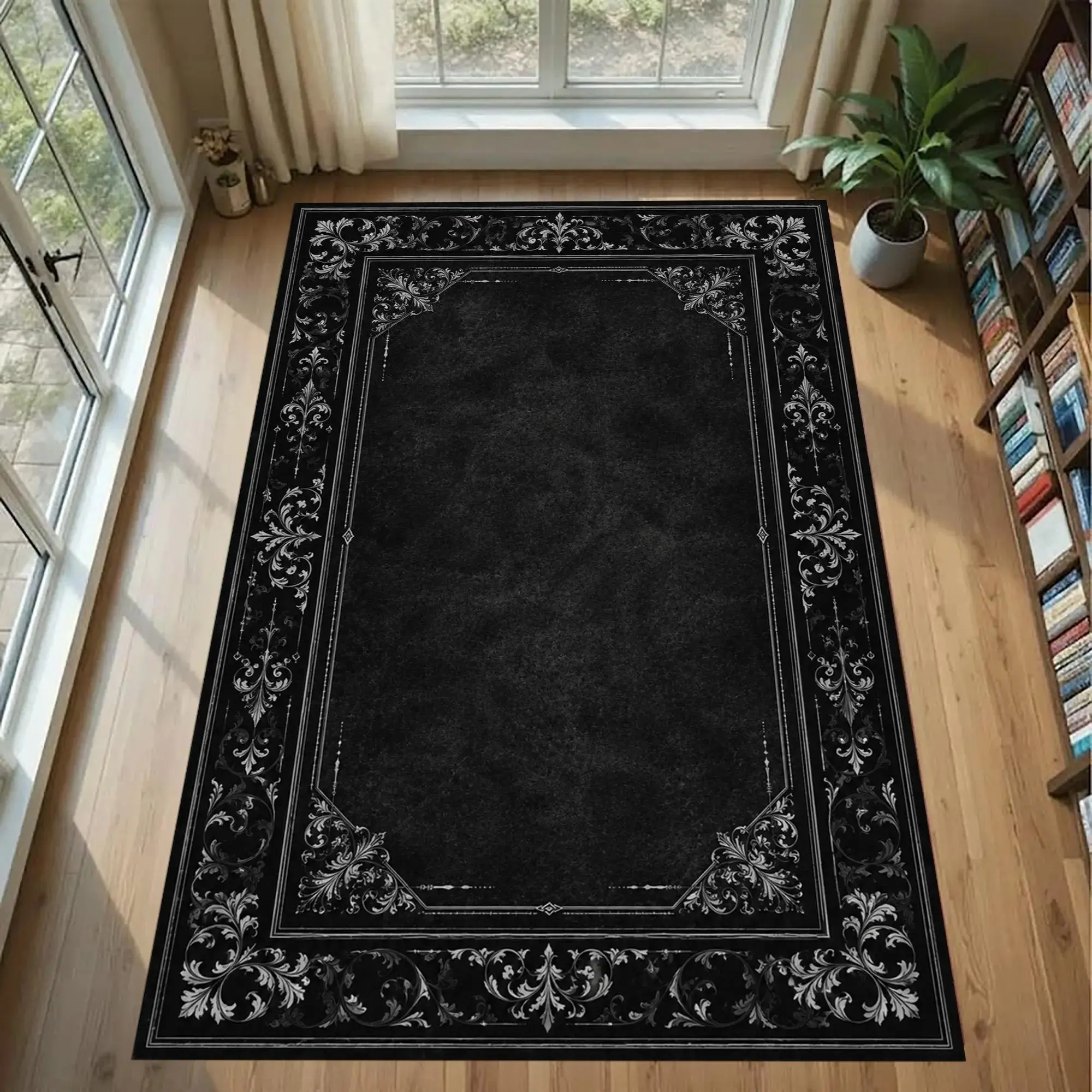 Gothic Floral Area Rug - Black Gray Baroque Carpet with Victorian Damask, Ornamental Botanical Medallion for Elegant Classic Home Decor