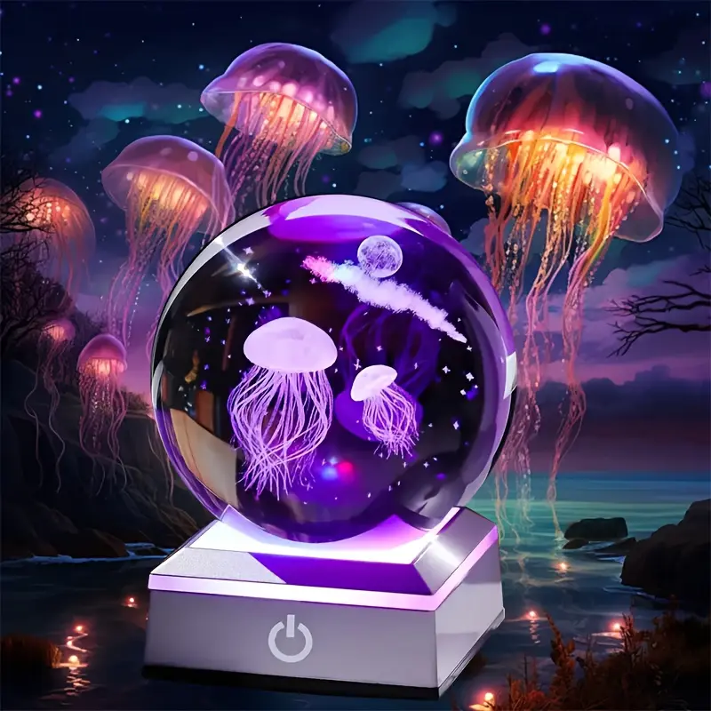 3D Crystal Ball Jellyfish Decor Figurine Marine Biology Gifts For Women Men Night Light, Laser Engraved Ornament Glass Snow Globe Room Art Crafts
