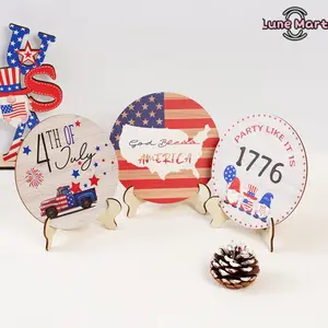 4th of July Independence Day Wooden Tabletop Signs - Patriotic Tiered Tray Decorations with Stand, God Bless America USA Themed Round Wooden Plaque for Home Holiday Party Decor