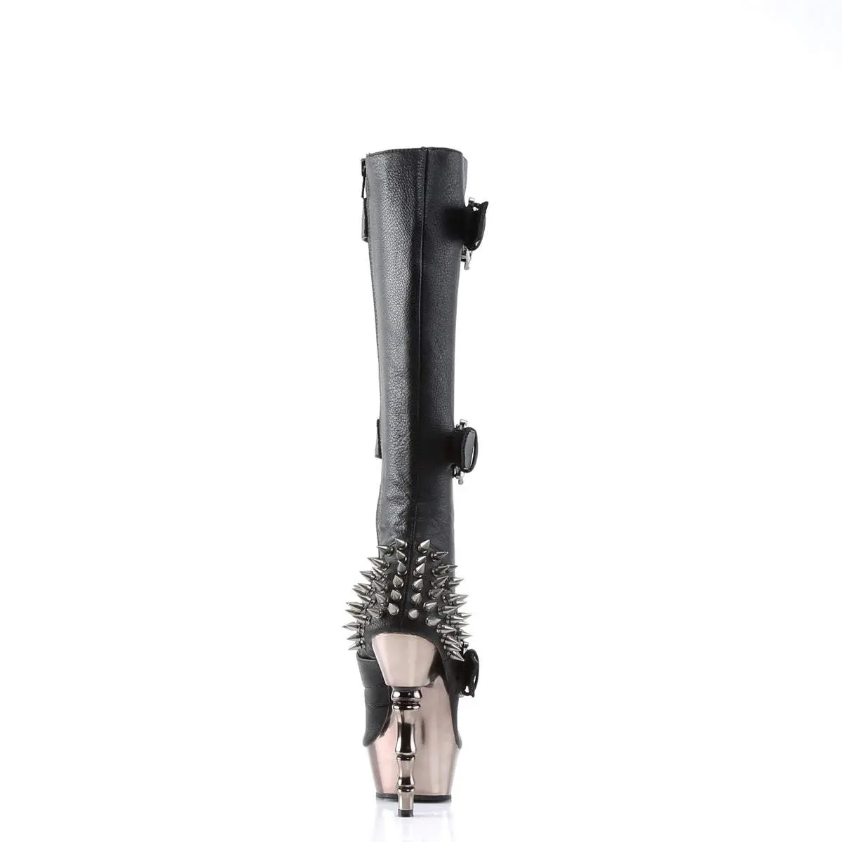 Demonia Muerto-2028 Black Vegan Leather/Pewter Chrome Knee-high