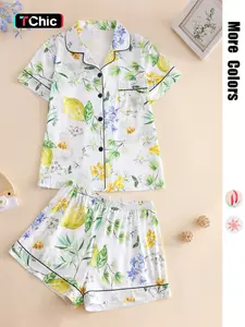 Women's Fruit Print Lapel Neck Button Front Pajama Set, Casual Comfy Short Sleeve Pocket Top & Elastic Waist Shorts Pj Set, Ladies Sleepwear for All Seasons