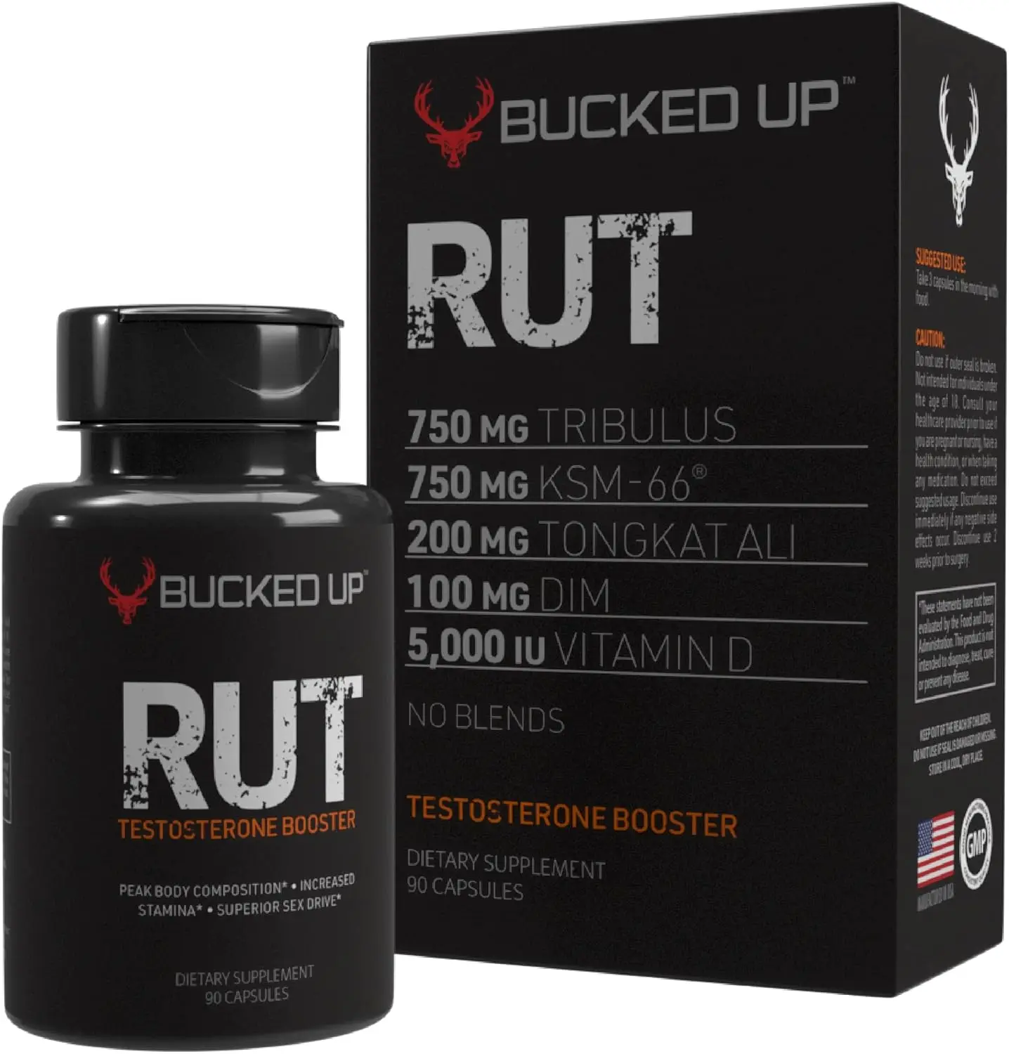 Bucked Up RUT Testosterone Booster for Men | All-Natural Energy, Strength & Stamina Supplement | Premium Muscle Builder with KSM-66, Tongkat Ali & Tribulus | 90 Vegan Capsules