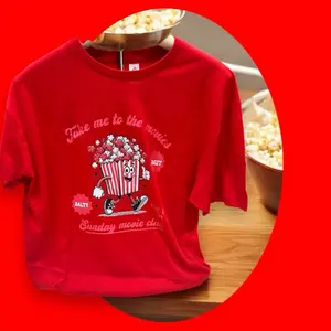 Popcorn Shirt - Red Movie Night Tee with Fun Popcorn Design for Sunday Movie Club