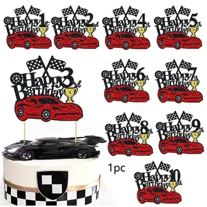 1pcs Racing Car Cake Topper Happy 1/2/3/4/5/6/7/8/9/10th Birthday Cake Topper for Racing Car Checkered Flag Themed Happy Birthday Party Supplies